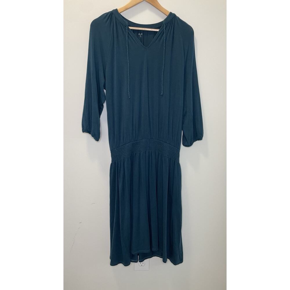 Garnet Hill V-Neck Smock Waist Tencell Blouson Boho Dress Aqua Green Medium